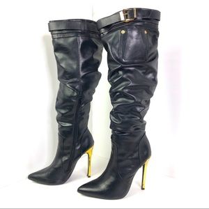 Shoe Dazzle Black Boots with gold heels